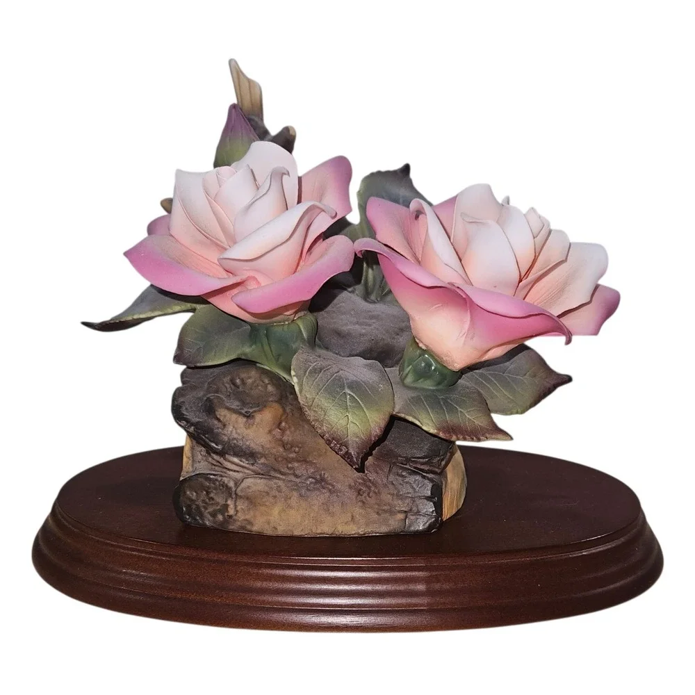 Farling & Reiss Vintage Pink Porcelain Roses Musical Figurine w/Wood Base 26903‎